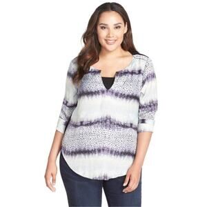Tart NWT Blouse Purple & Teal Tie-Dye Style V-Neck Top 3/4 Sleeve